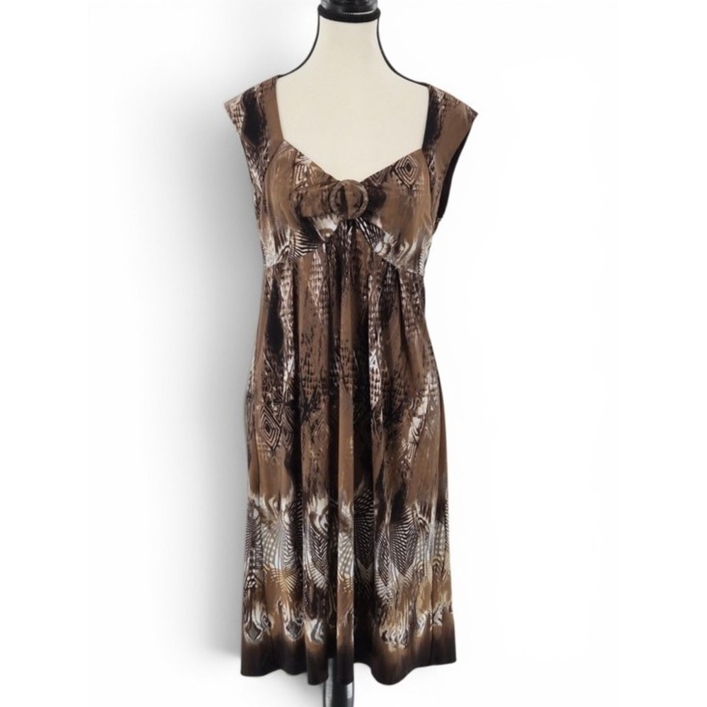 Brown Abstract Tribal Print Midi Dress 10 Ring Detail Empire Waist Stretch Party